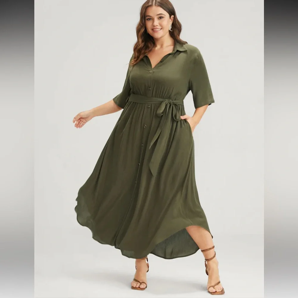 Solid Button Pocket Shirt Collar Belted Maxi Dress - Picture 4 of 4